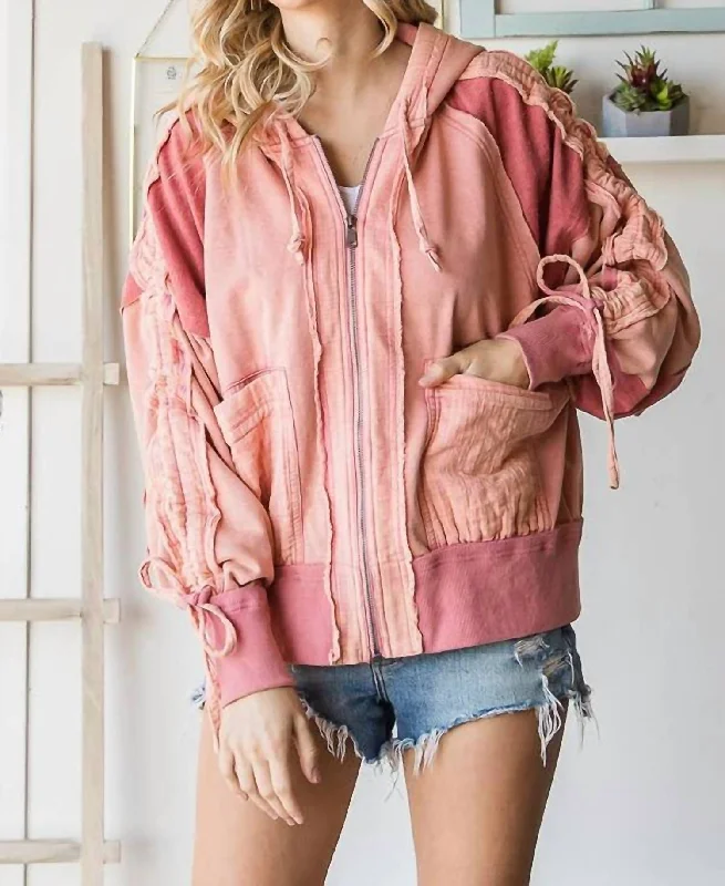 Classic Women's Fashion Washed Fabric Mixed Cinched Sleeve Jacket In Dark Rose