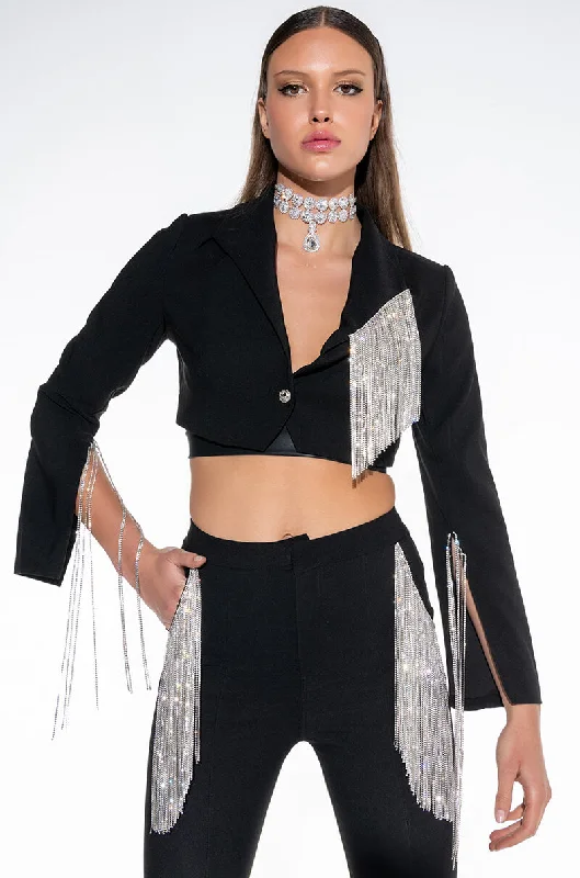 New Season Fashion Preview Sale DECKED OUT RHINESTONE FRINGE CROP BLAZER