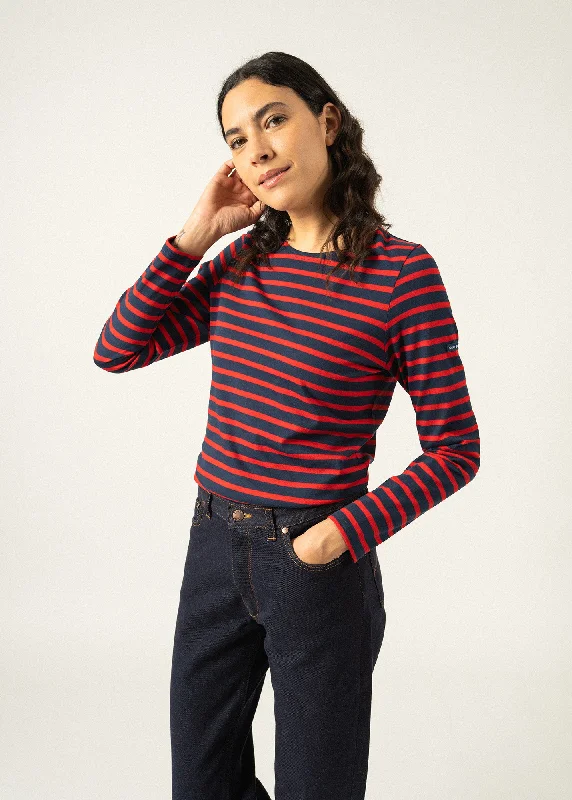 Fashion Forward MINQUIDAME - Breton Striped Shirt with Long Sleeve | Soft Cotton | Women Fit (NAVY / RED)