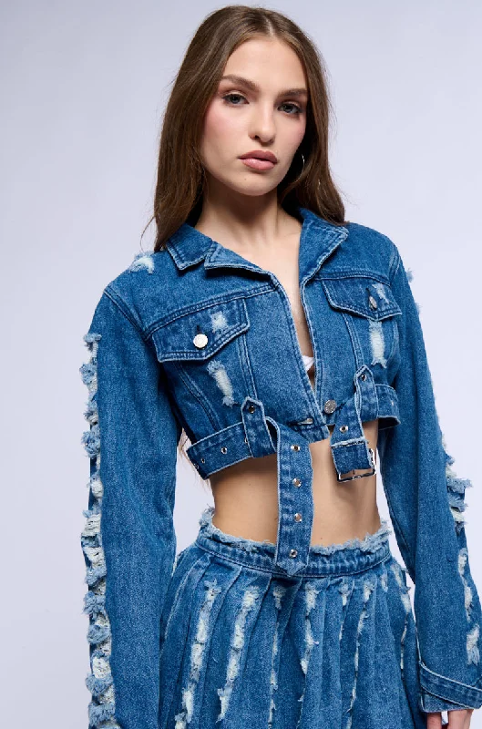 Limited Stock, Big Discounts STRESSED OUT CUT OUT CROP DENIM JACKET