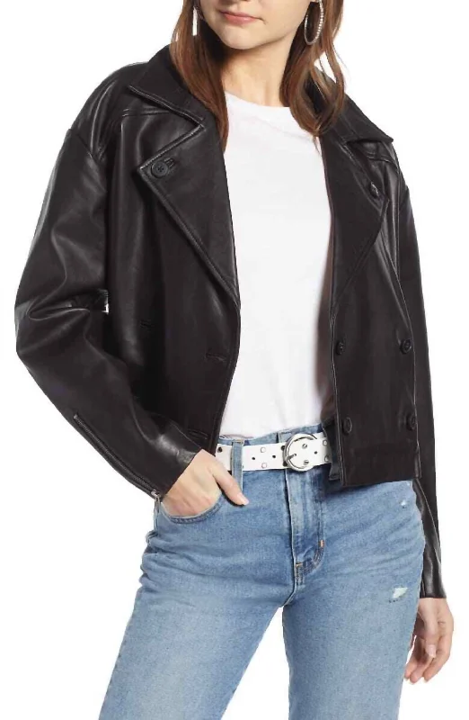 Modern Casual Clothing Shrunken Double Breasted Crop Leather Jacket In Black