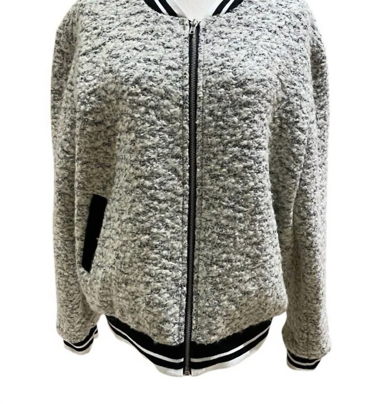 Limited Time Offer Women's Cashmere Blend Boucle Winter Varsity Style Bomber Jacket In Gray