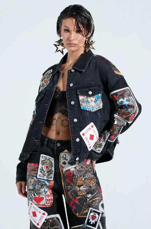 From Casual To Classy QUEEN OF HEARTS PRINTED AND EMBELLISHED DENIM JACKET