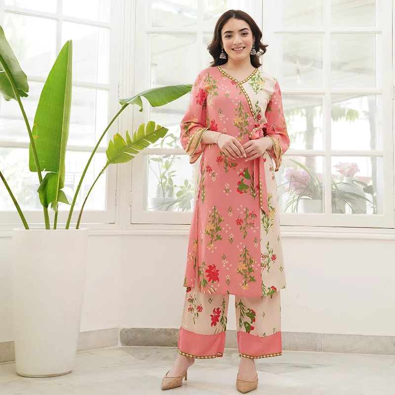 Wardrobe Upgrade Baby Pink & Cream Floral Printed Kurta Pant Set with Knot Details