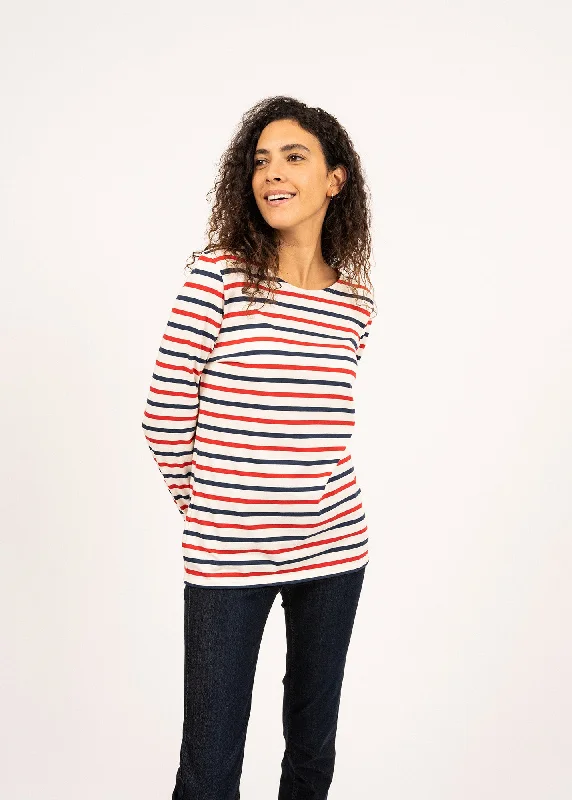 Durable Fashion Picks MINQUIDAME - Tri-color Breton Shirt for Women | Lightweight Cotton (ECRU / NAVY / RED)