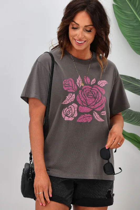 Wardrobe Update Shine On Label Roses Tee Charcoal