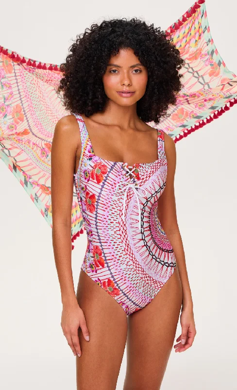 Flash Sale Event Pomegranate Square Neck One Piece Swimsuit - Pink Mix