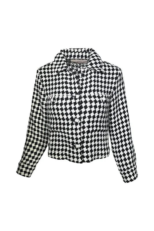 Vibrant Styles Women's Geometric Tweed Cropped Jacket In Blk Ivory