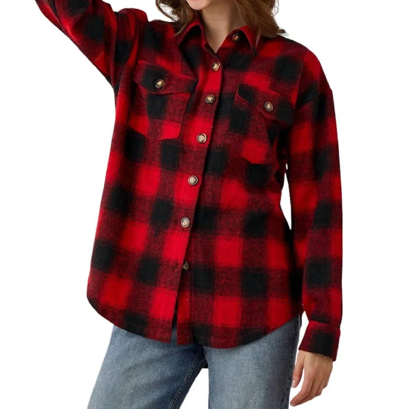 Chic Style, Always In Vogue Andie Plaid Fringe Button Shacket In Red