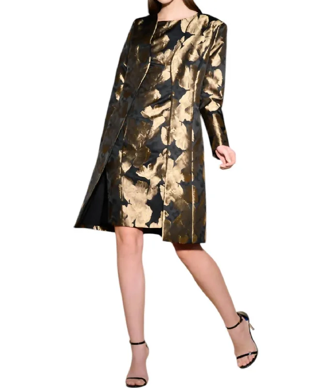 Fashion Essentials Printed Woven Jaquard Coat In Black/bronze