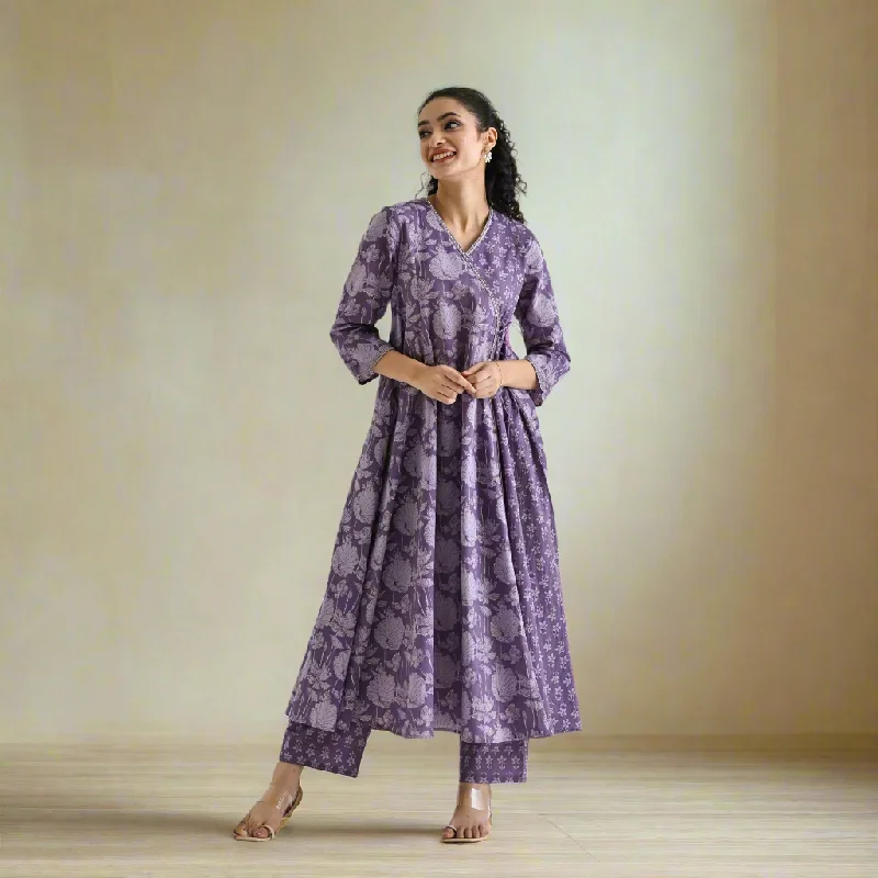 Feminine Dresses for Women in Bold Prints Lavender Floral Angarakha Cotton Co-ord Set with Embroidered Neckline