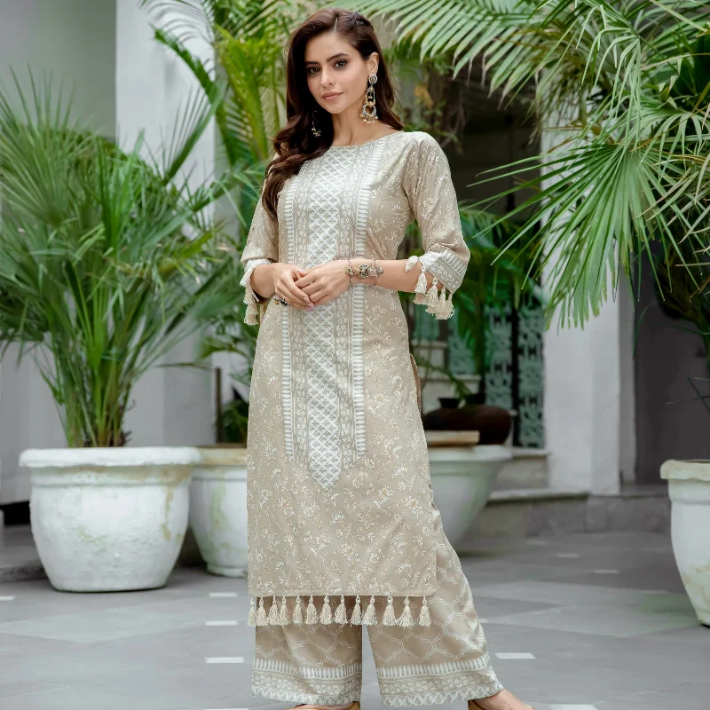 Top Brand Discounts Beige Kurta Palazzo Co-ord Set with Tassel Details