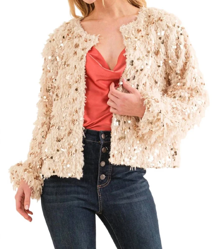 Wardrobe Refresh Get To You Sequin And Feather Jacket In Cream