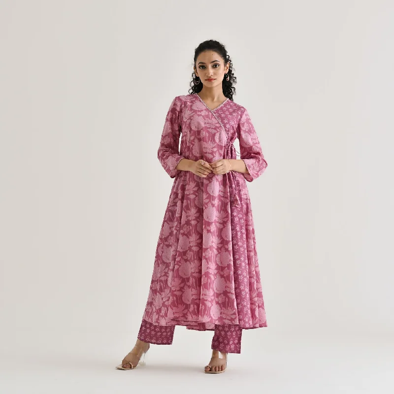 New In This Season Dusty Pink Floral Angarakha Cotton Co-ord Set with Embroidered Neckline