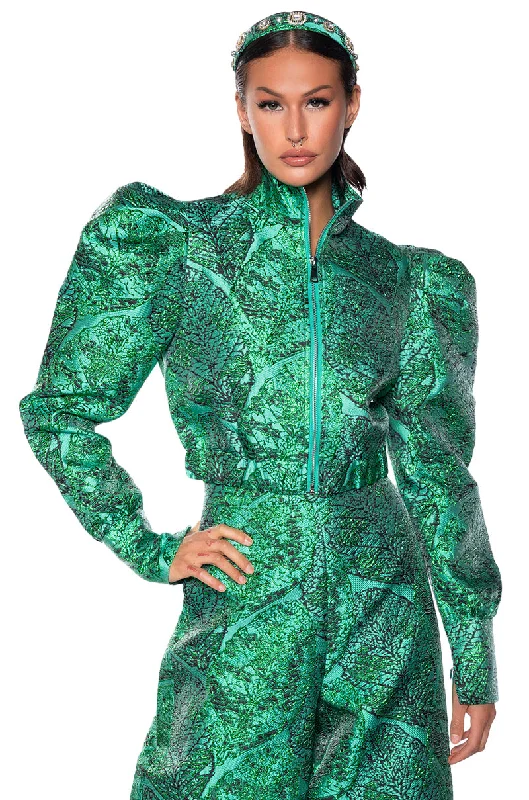 The Latest Trends GREEN BROCADE PUFF SHOULDER BOMBER JACKET