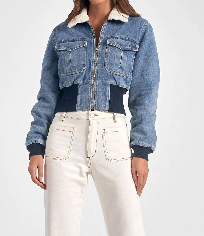 Get The Latest Trends Denim Jacket Fur Collar In Blue