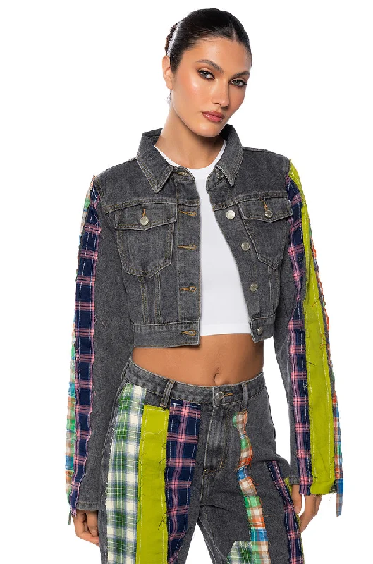 Women's Online Boutique SOMETHIN NEW PLAID DETAIL DENIM JACKET