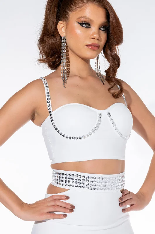 Evening Elegance COME GET IT RHINESTONE BANDAGE CROP TOP WHITE