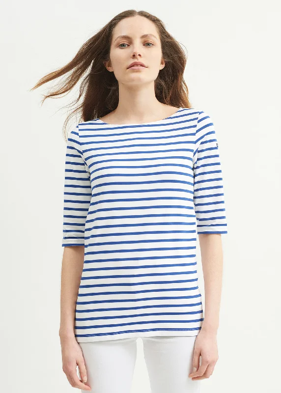 Save Big PHARE - Boat Neck Striped Tunic with Slits | Stretch fabric with UV Protection (WHITE / ROYAL BLUE)