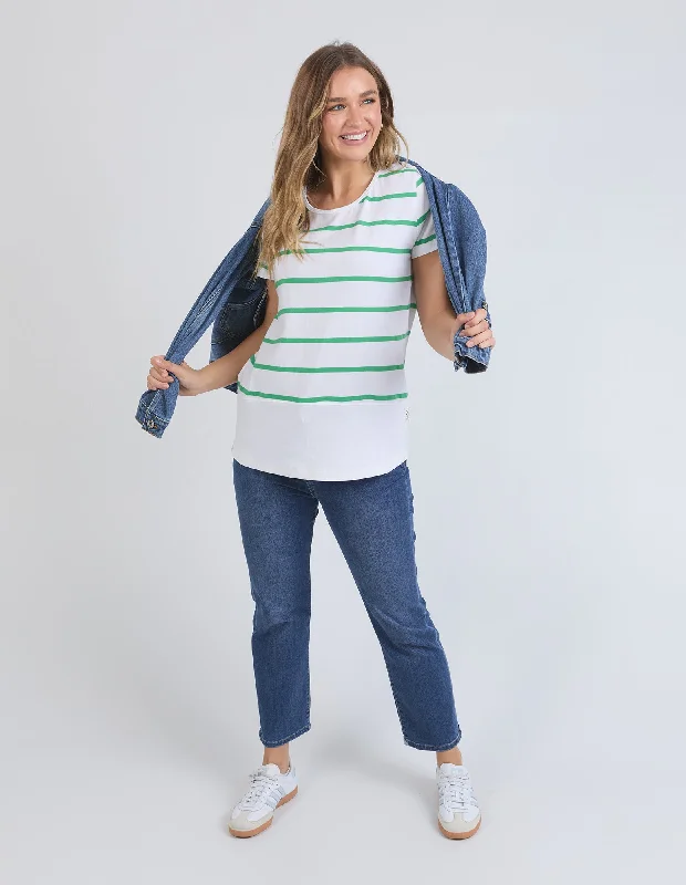 Trendy Outfits For Ladies Elm Rib S/S Tee White With Greenbriar Stripe