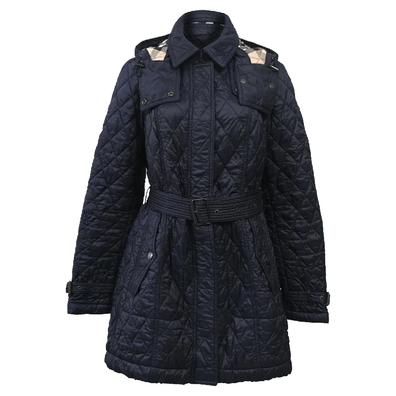 The Epitome Of Modern Women's Fashion Burberry Belted Hooded Down Coat in Navy Blue Nylon