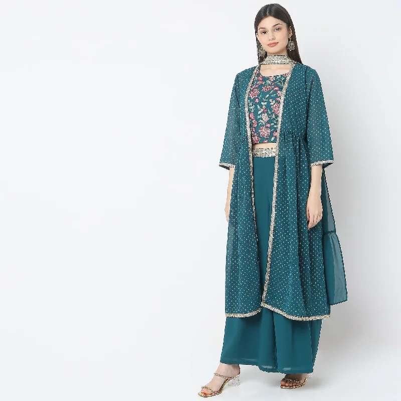 Woman Clothing Flare Fit Embroidered Top with Palazzo & Shrug Set