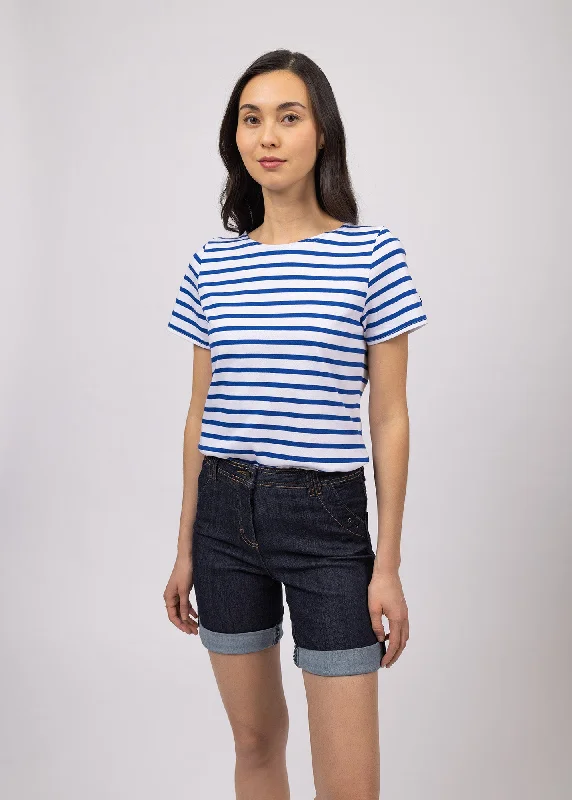 Comfort Meets Fashion ETRILLE - Nautical Stripe Tee with Short Sleeves | Soft Cotton | Women Fit (WHITE / ROYAL BLUE)